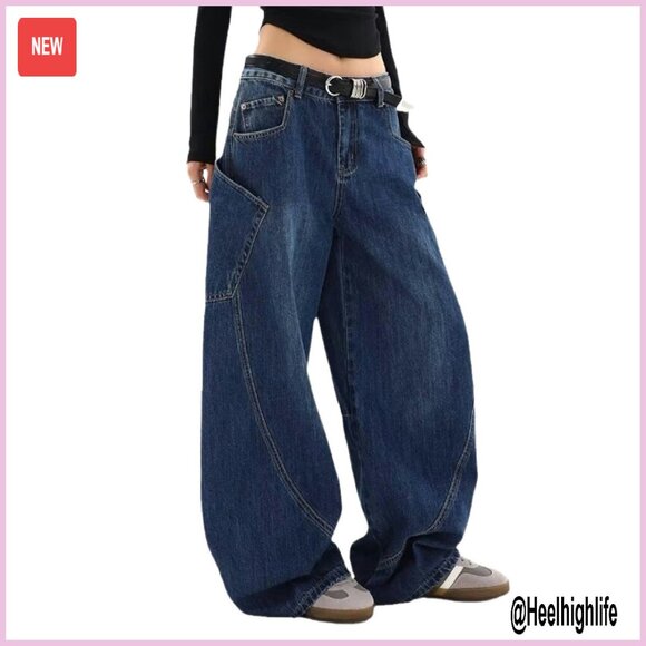 High Waisted Barrel Leg Jeans Cotton Stretch Loose Fit Streetwear Pants